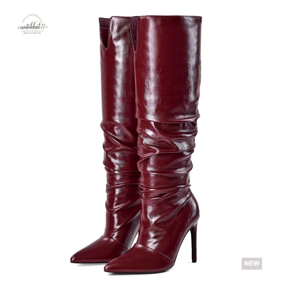 Knee High Slouchy Boots Pointed Toe Stiletto Heel Slip On Dress Shoes